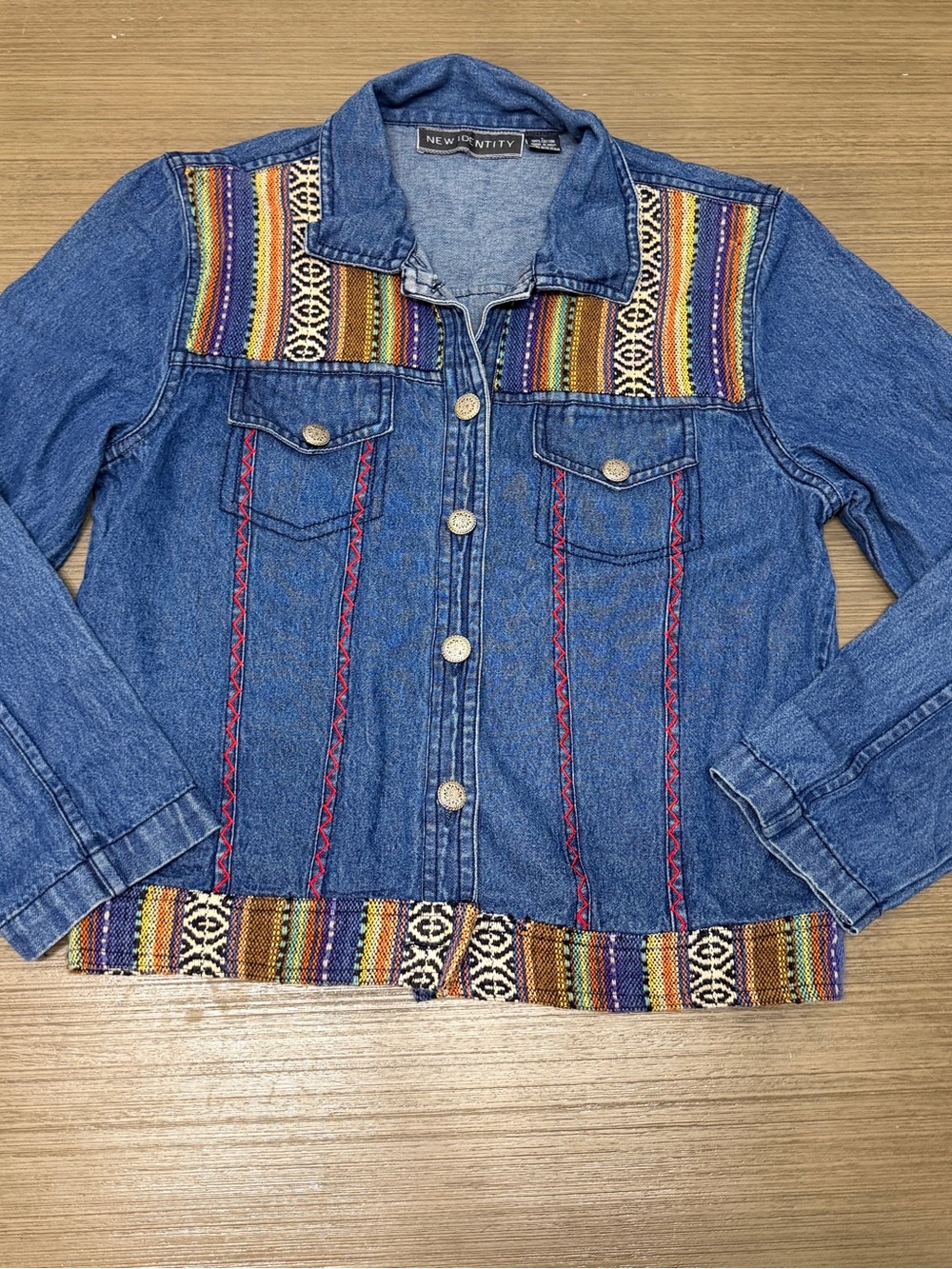 New Identity Women's Blue Denim Jacket with Multicolor Tribal Trim
